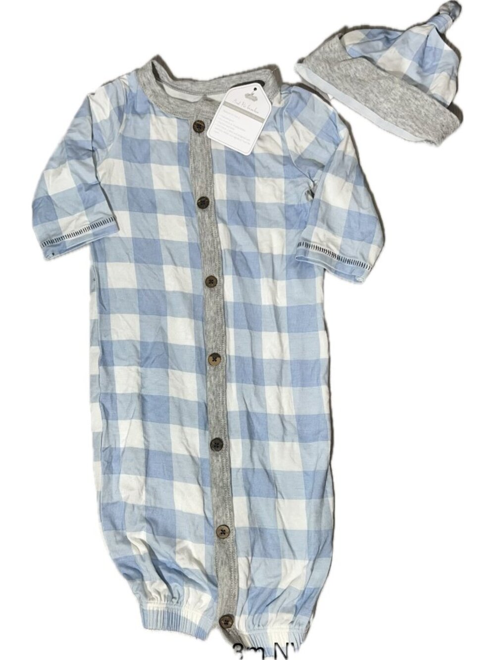Mud Pie 0-3m bamboo blue white gingham check gown hat set NWT Coming Home layett
